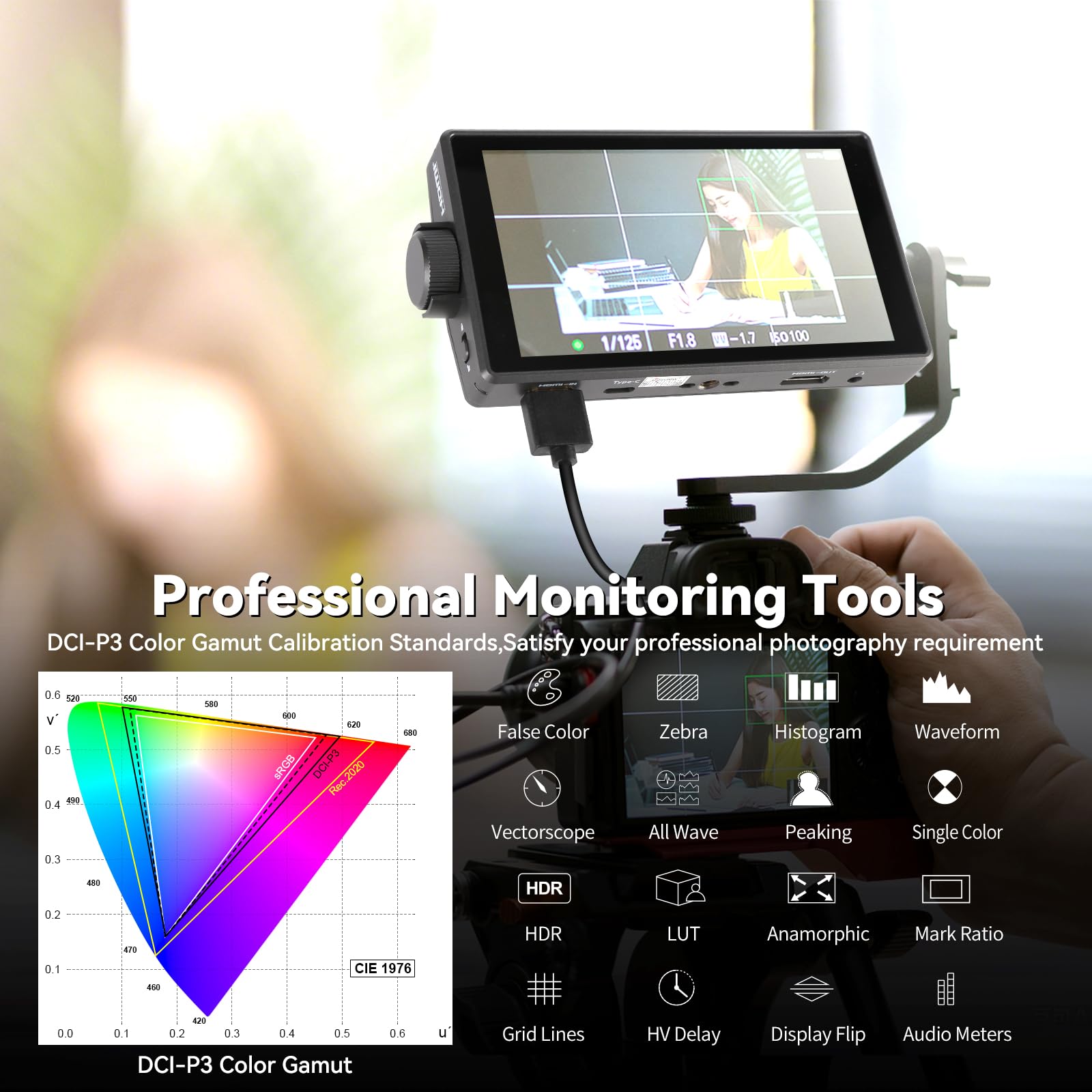 Desview A5 Touch Screen Camera Field Monitor 5.5 pollici 600nits 4K HDMI in/Out Monitor fotocamera esterna per DSLR con HDR 3D LUT Full-Waveform Peaking Focus Assist, parasole e custodia per il