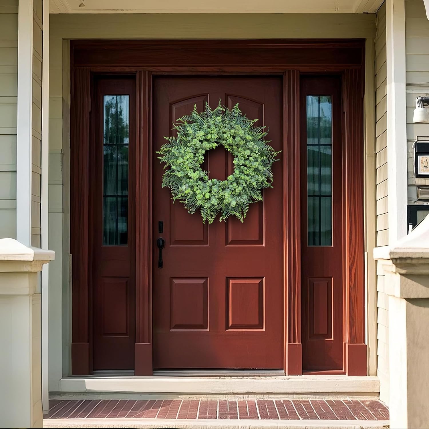 26'' Eucalyptus and Boston Ferns Wreath for Front Door - Large Artificial Greenery Outdoor Wreath for Porch,Window,Farmhouse,Home,Hanging Decor- Spring, Summer, All Seasons (Gray-Green) - Image 3