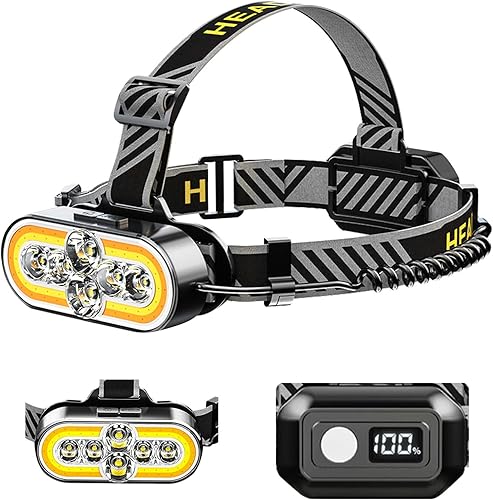 Linterna frontal recargable, 6 LED 2 COB, linterna de cabeza giratoria de 90, luz de cabeza impermeable súper brillante para acampar, correr,