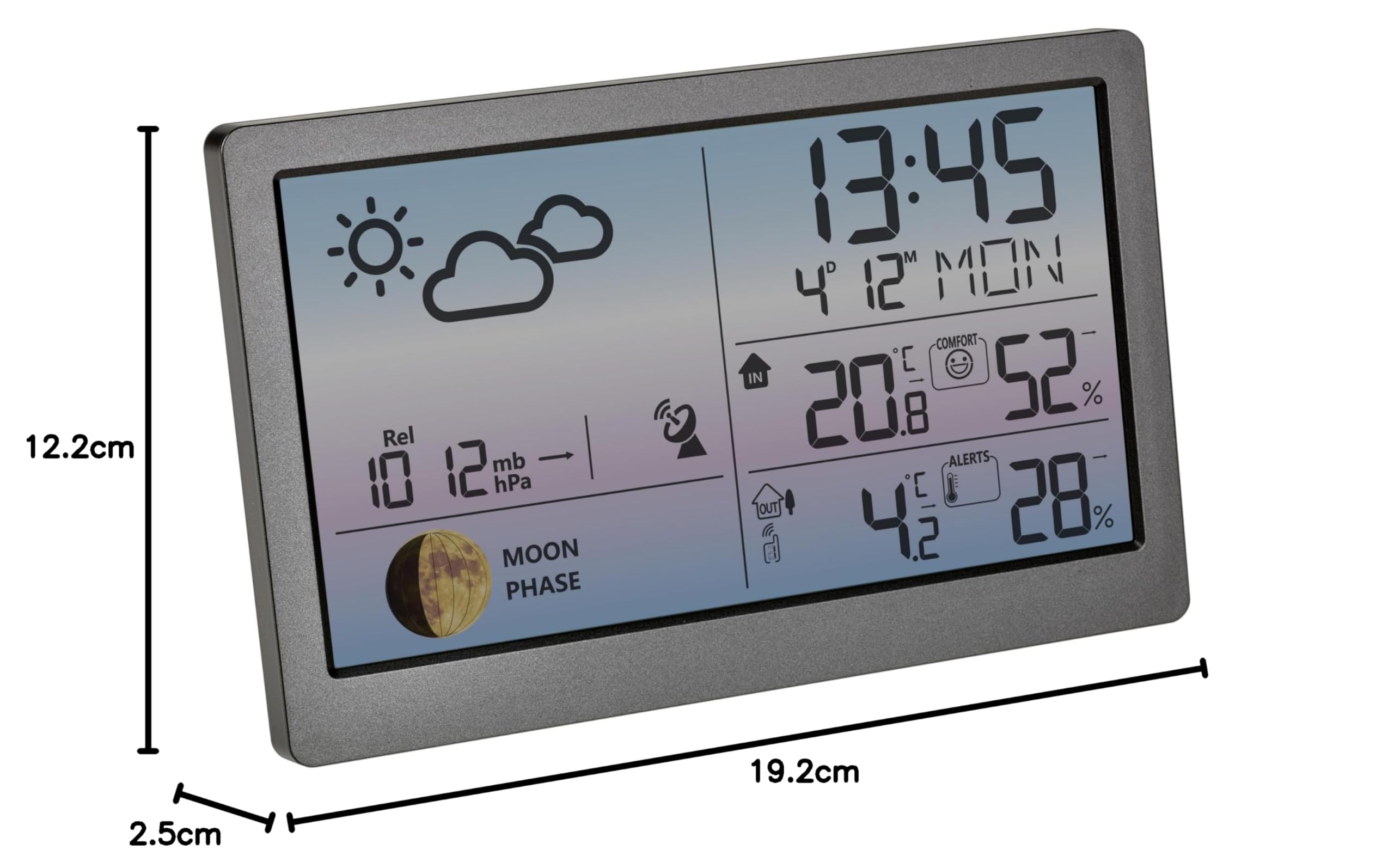 TFA Dostmann stazione meteo digitale con sensore esterno e display a colori LUNA Sky, 35.1169, misuratore di temperatura e umidità, fasi lunari, allarme temperatura esterna, grigio