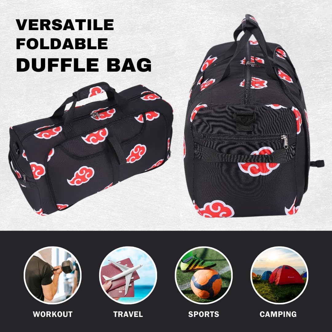 2pcs Anime Gym Bag for Women Men and Wrist Wrap Set - Foldable 55L Large Workout Duffle Bag with Shoe Compartment, 24" Lifting Straps Weightlifting, Powerlifting, and Improve Workout (Purplecm)
