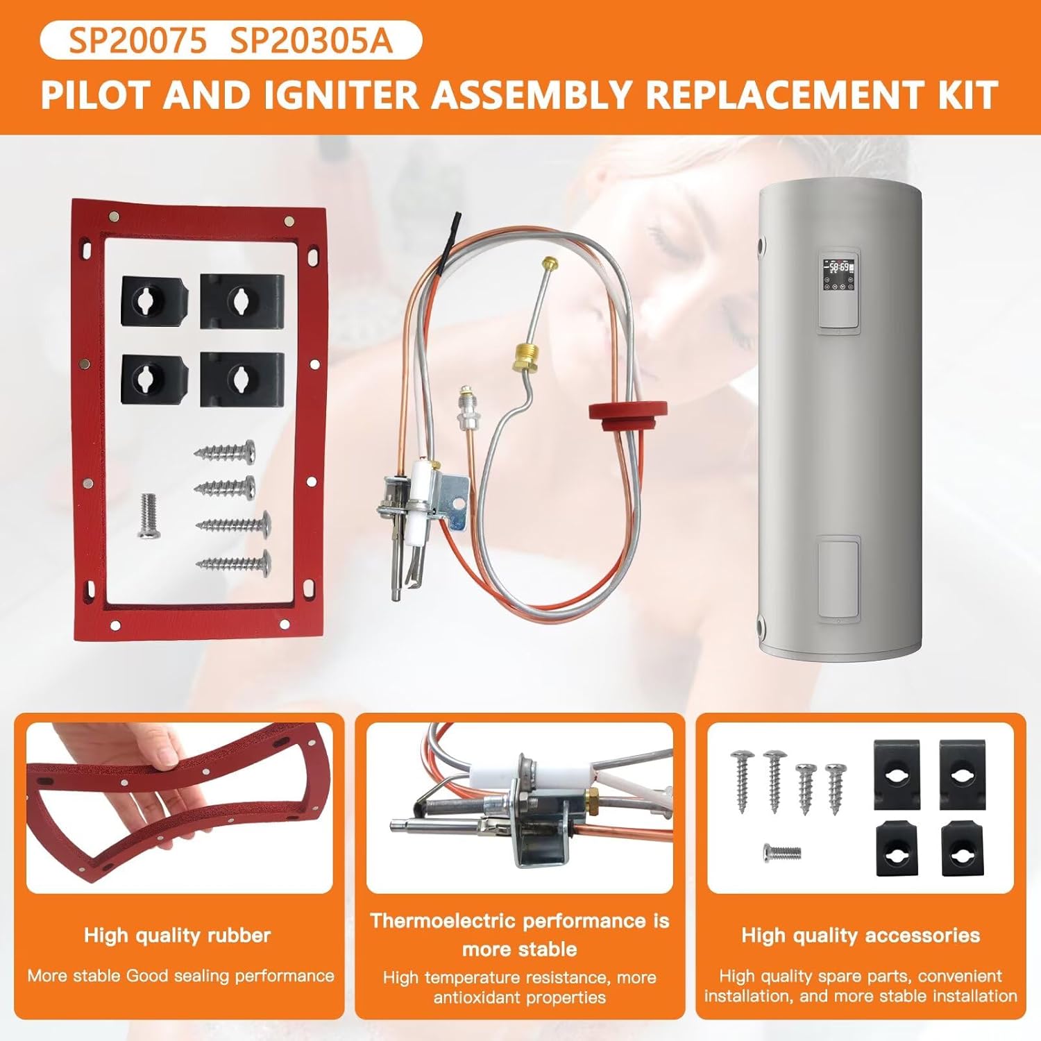 Image showing the complete pilot and igniter assembly kit next to a water heater, with close-ups of the silicone gasket, the thermoelectric components, and the screws and clips.