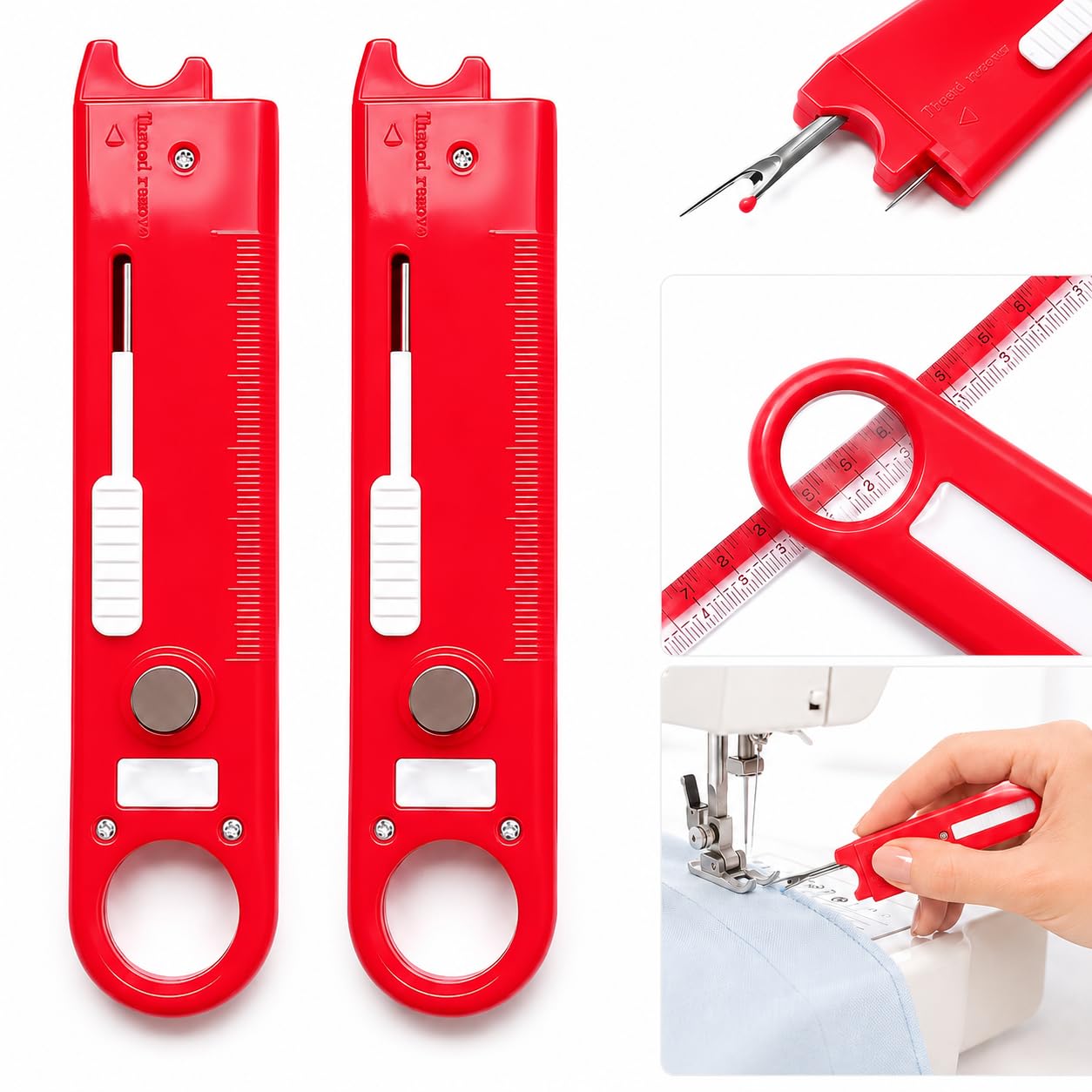 2PCS 4 in 1 Needle Threader with Seam Ripper Ruler Scale and Magnifier