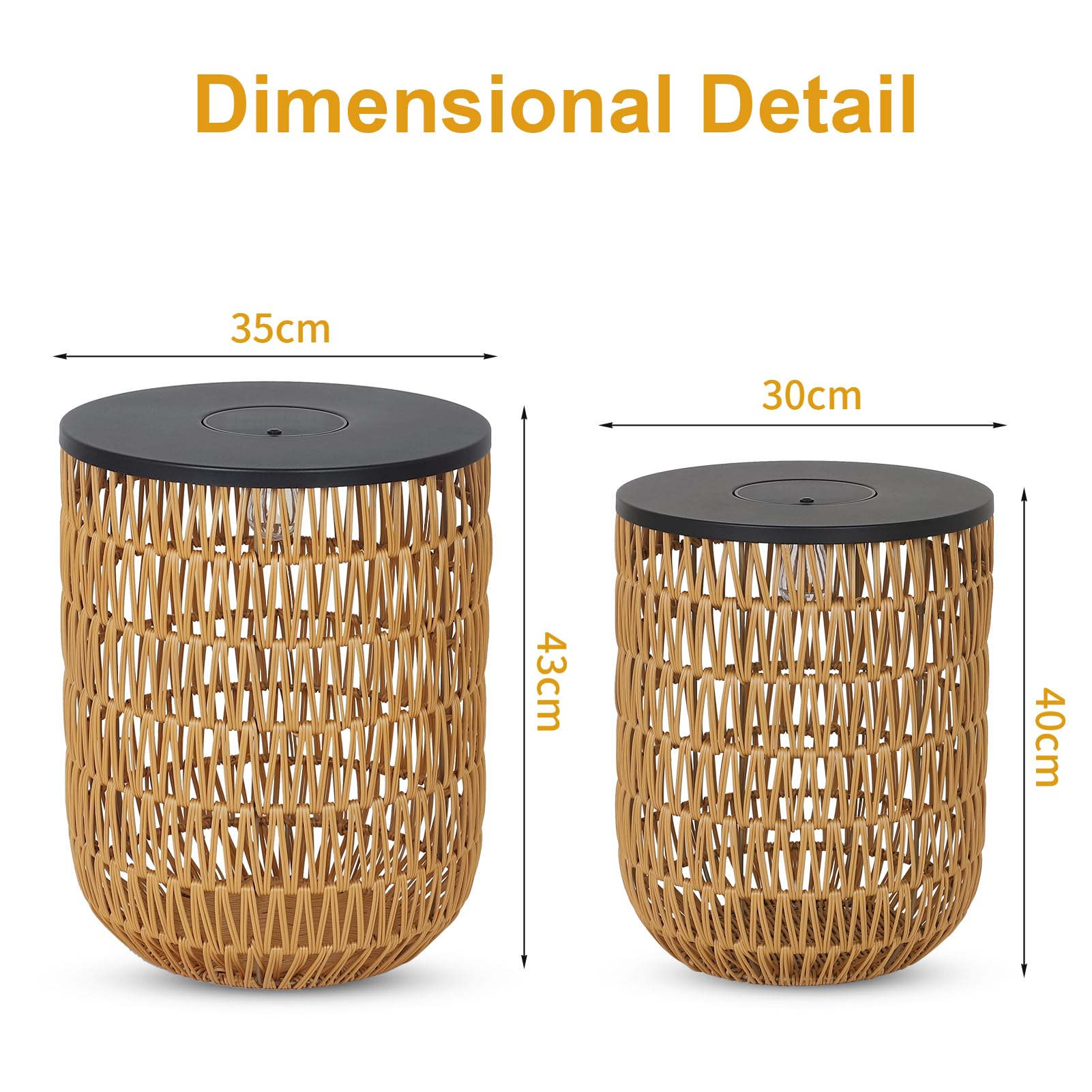 Rayofly Solar Beistelltisch Outdoor 2er Set, Rund Gartentisch Wetterfest mit Solarleuchte, Boho Solar Outdoor Tisch, Kunststoff-Rattan Solarlampe Tisch für Außen, Balkontisch, Beistelltisch Terrasse