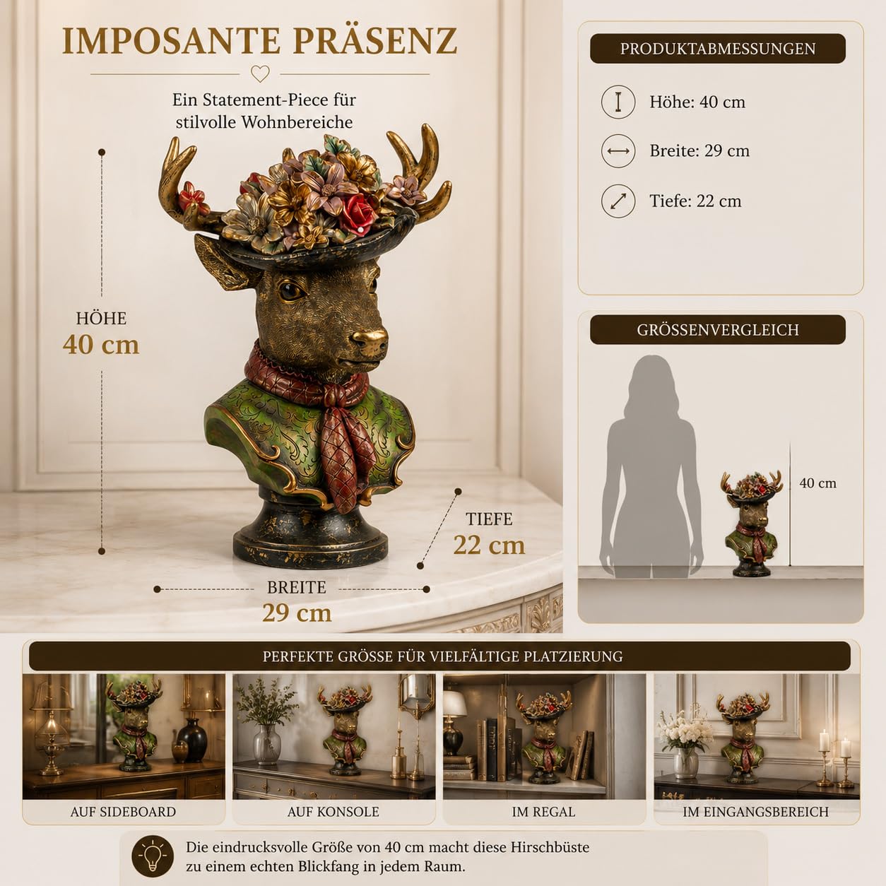 formano Popiersie jelenia figurka dekoracyjna 40 cm ręcznie malowana ze
