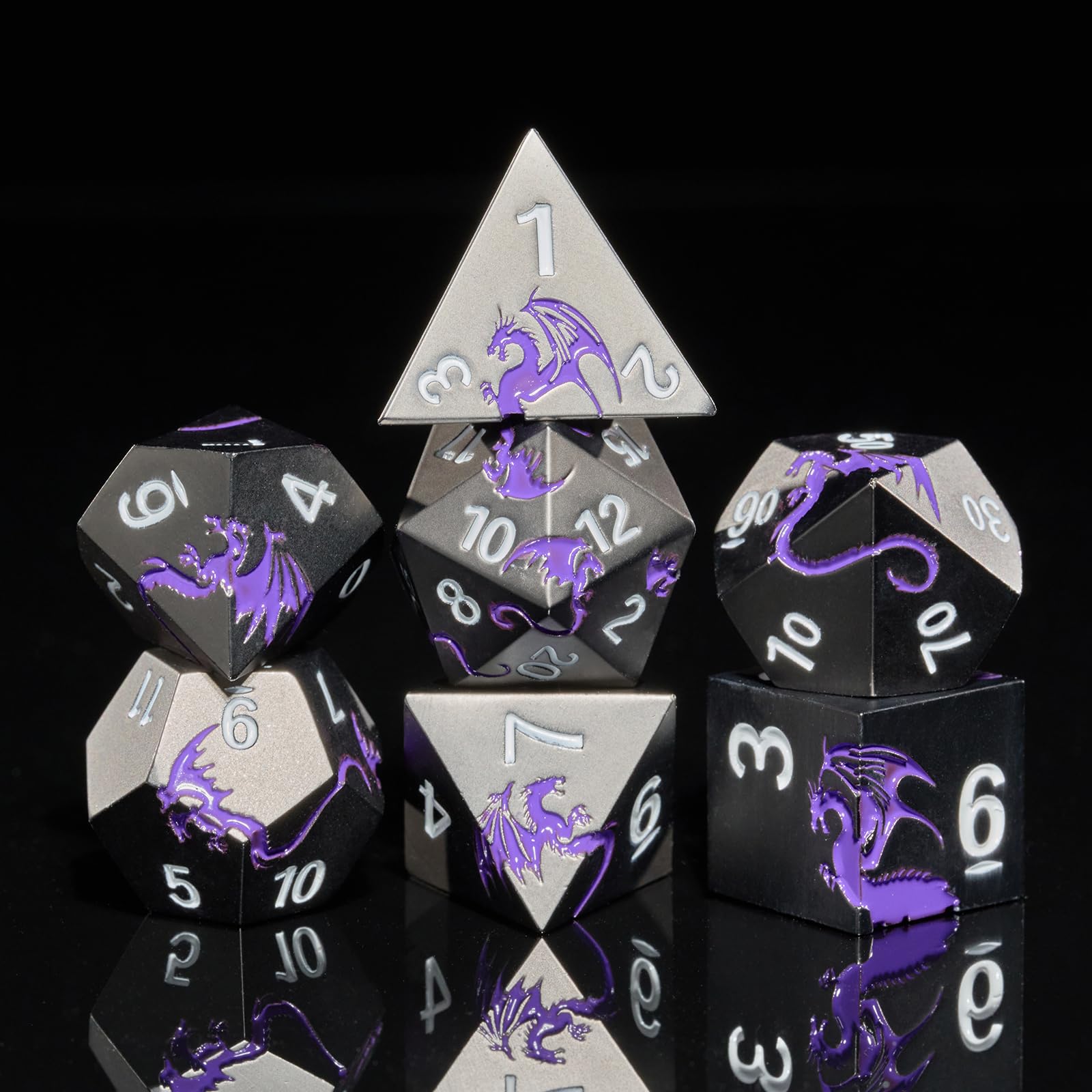 HNCCESG Black Purple Dragon Metal Dice Set,7 PCS Heavy Zinc Alloy DND Dice with Magnetic Gift Box for Fantasy Tabletop RPG Games (Black Purple Dragon)