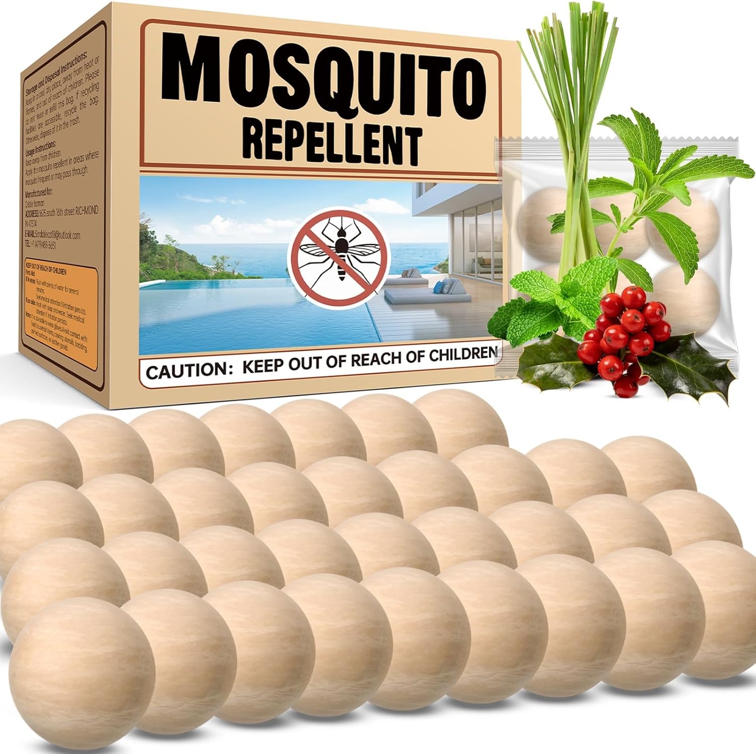 Mosquito Repellent 34 Balls for Patio, Natural Mosquito Repellent Indoor & Outdoor Use, Mosquito Deterrent for Yard, Keep Mosquito Away from Room/Front Door/Camping Safely
