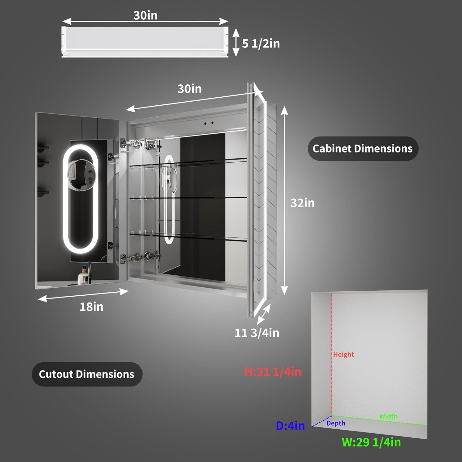 ExBrite 30 x 32 Lighted Medicine Cabinet with Mirror, Front&Backlit led Medicine Cabinet,Defog,5X Magnifier,3 Colors Temper Dimmable,Surface or Recessed Mount,Door Wide Open