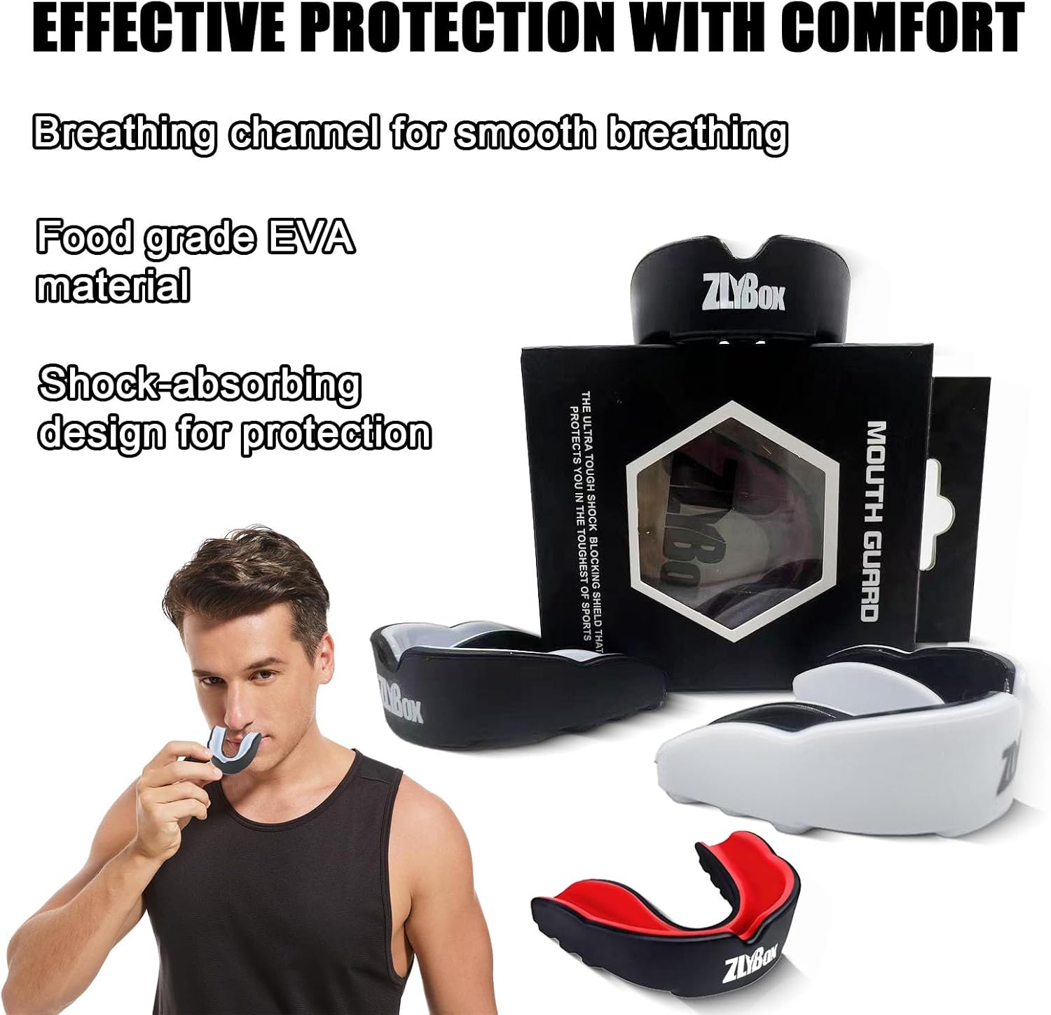 Dual-Layer Sports Mouth Guard for Adults & Youth with Case - Dental Protection for Boxing, Football, MMA, Hockey, Basketball, Lacrosse & All Contact Sports (Black White)