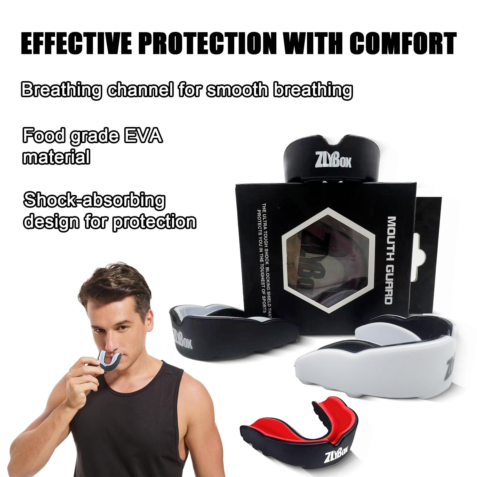 Protector bucal de fútbol de doble color para boxeo y aparatos ortopédicos, almacenamiento seguro para hombres y deportes (negro y blanco)
