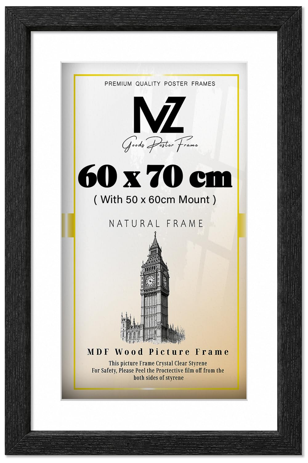 MZ GOODS | MDF Stylish Office & Home Frame (60 x 70 cm) With (23.62 x 19.68 Inch) White Mount Engineered Wood | 24" x 28" Wall Art Print, Painting Frame [ Black ]