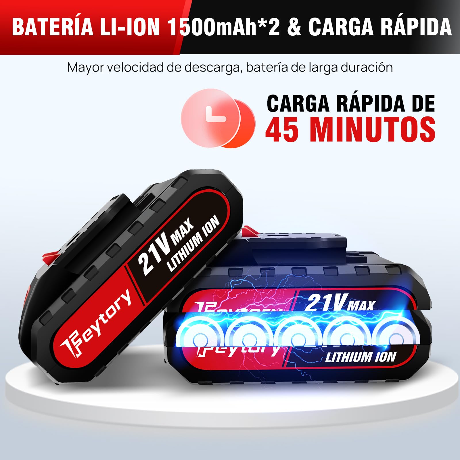 Taladro Atornillador 21V, 45N.m Atornillador Eléctrico, Taladro Combinado Inalámbrico con 25+1 de par de apriete, 2 x 1.5 Ah Batería, 29PCS Accesorios, 2 Velocidades, Luz LED,Cargador Rápido