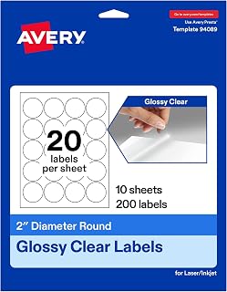 Avery Glossy Clear Round Labels, 2" Diameter, Laser/Inkjet Printer Compatible, 200 Printable Labels Total, Great for Branding, Packaging, Organizing, and More