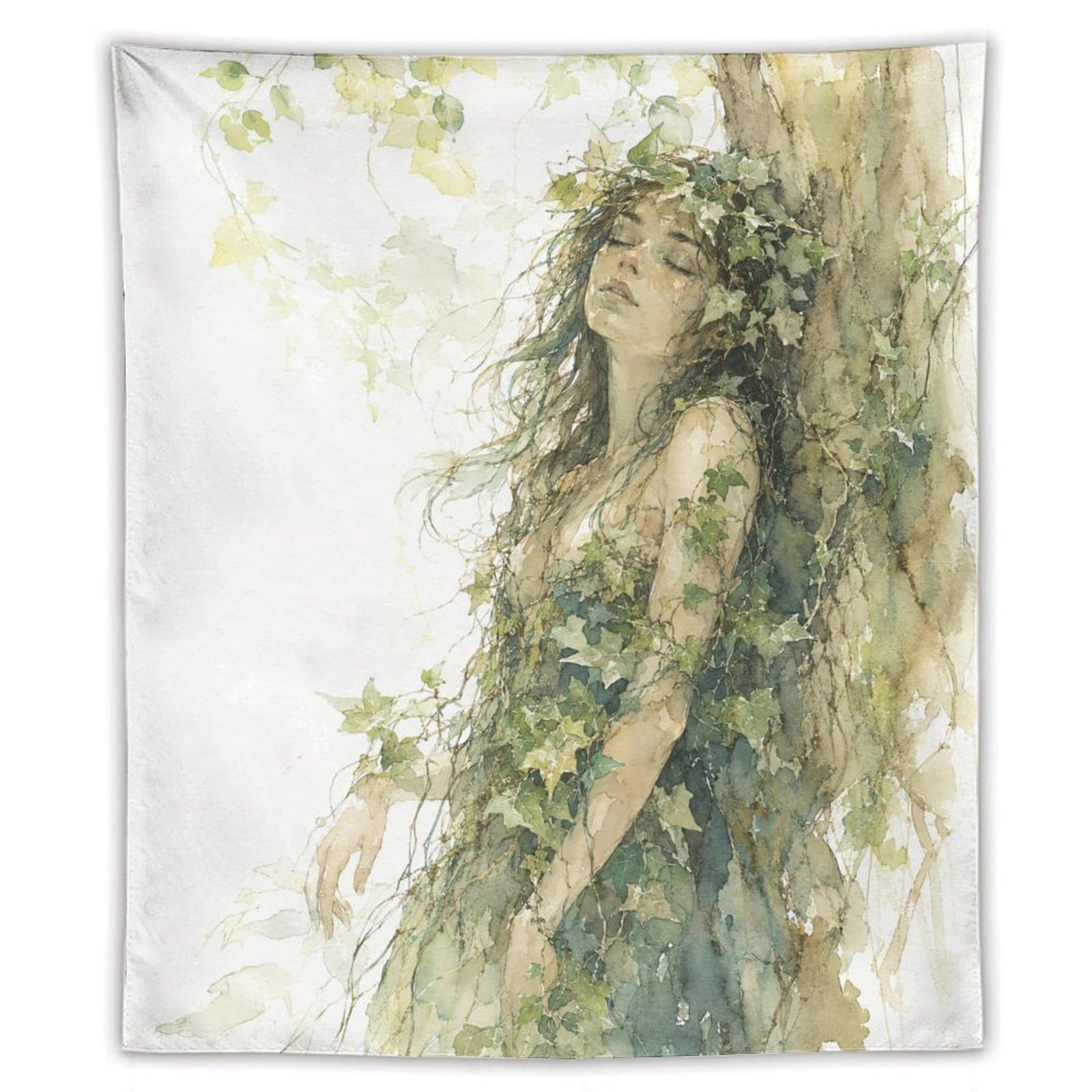 W7C8U2X3 Green Forest Woman Wall Tapestry, Watercolor Style, Entryway