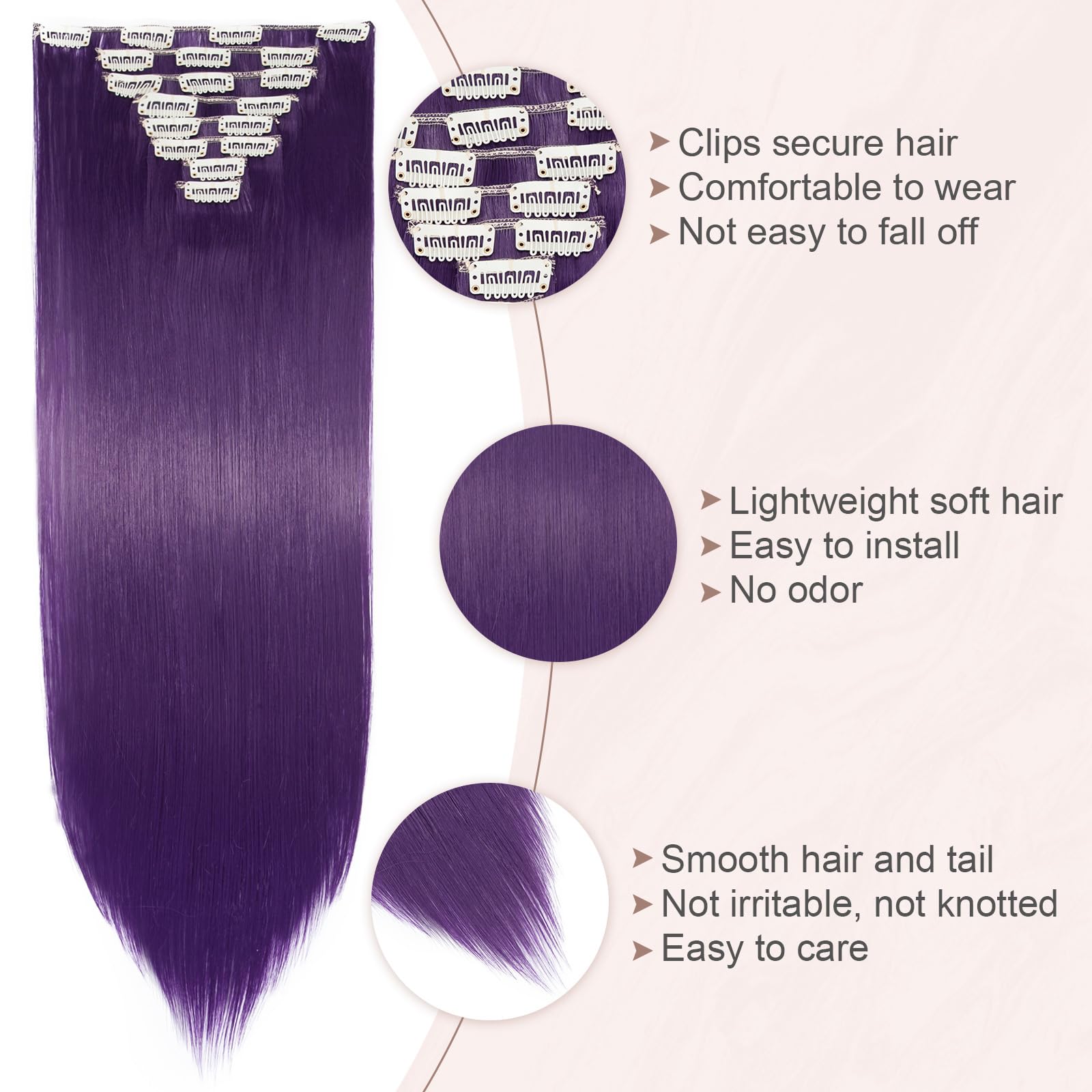 SEGOHAIR Hair Extensions Clip in 8Pcs 18 Clips Synthetic Fiber Seamless 26" Long Straight Full Head -Purple Blue - Image 4