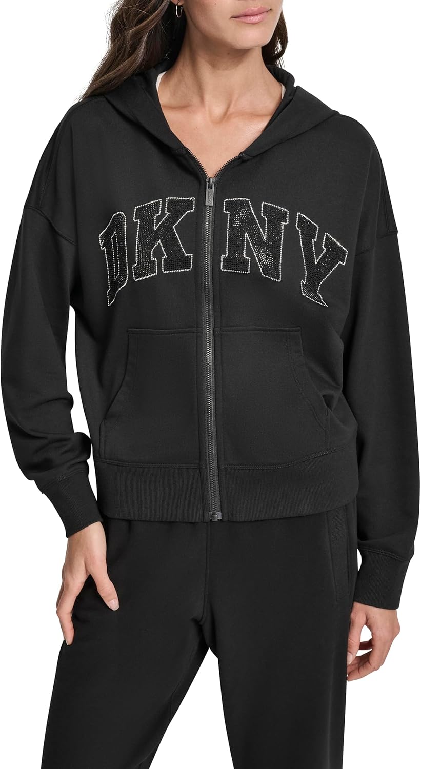 DKNY womens Exploded Rhinestone Varsity Logo Full Zip Hoodie With Pockets