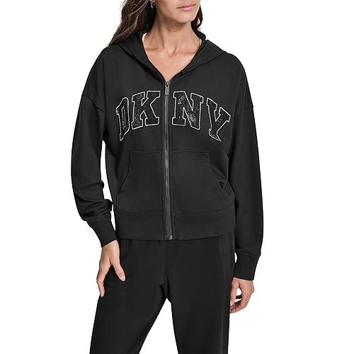 DKNY womens Exploded Rhinestone Varsity Logo Full Zip Hoodie With