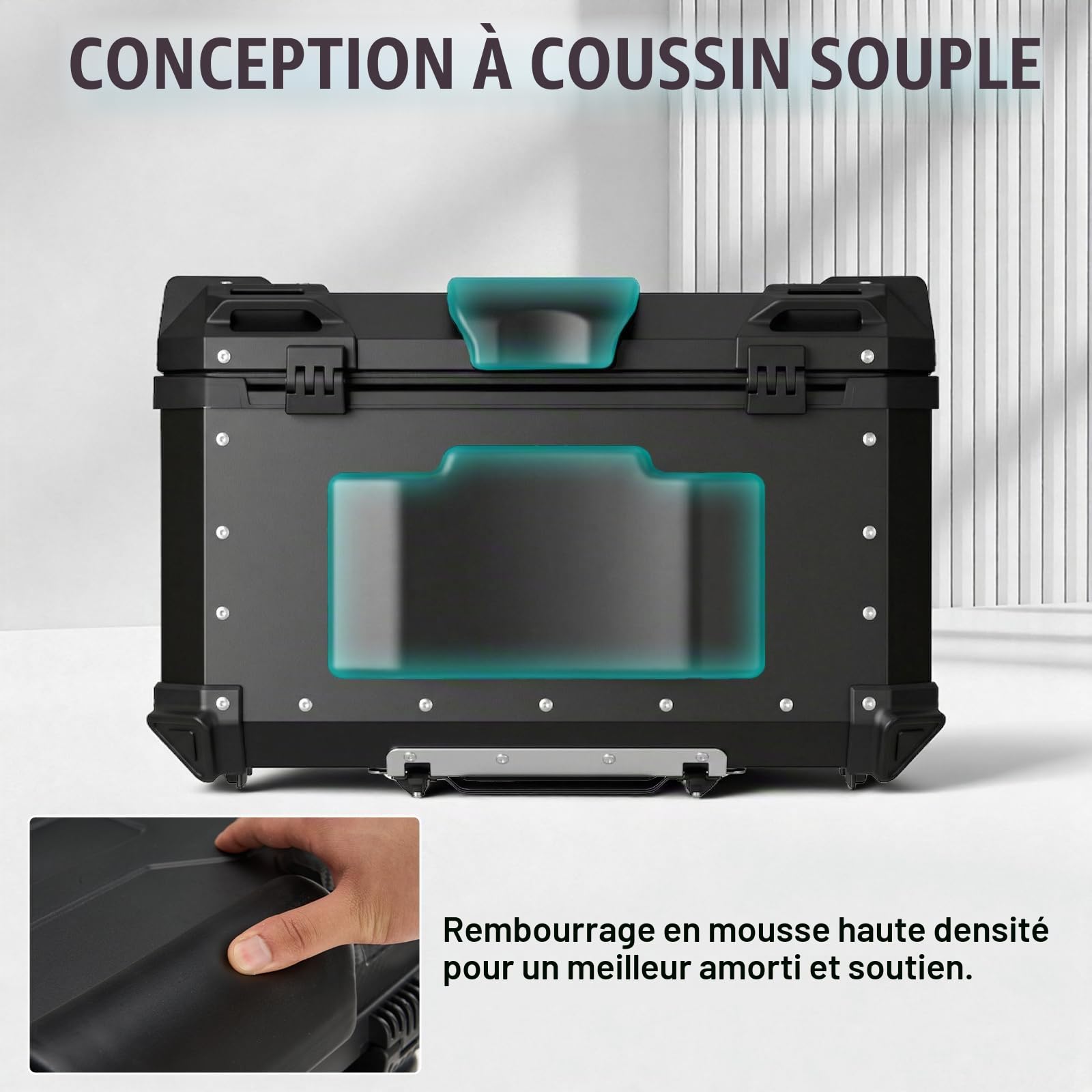 Top Case Universel pour Moto 65L, avec Dossier et Serrure de Sécurité, Coffre de Rangement pour Casque de Moto Étanche, Aluminium，Support de Fixation Universel (Noir)