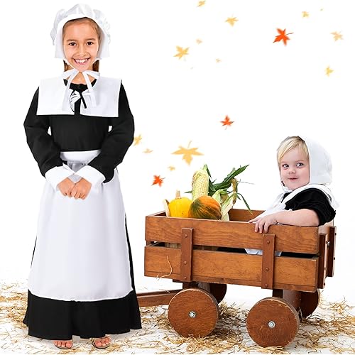 Miniatura 4 de Conjunto de disfraz de peregrina para niñas, vestido colonial de peregrina, disfraz de peregrina para Halloween, disfraces de cosplay para niños y