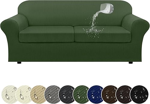 Miniatura 13 de Funda para sofá 100% impermeable, juego de 4 piezas, funda de sofá a rayas para sofá de 3 cojines, con parte inferior de TPU a prueba de fugas