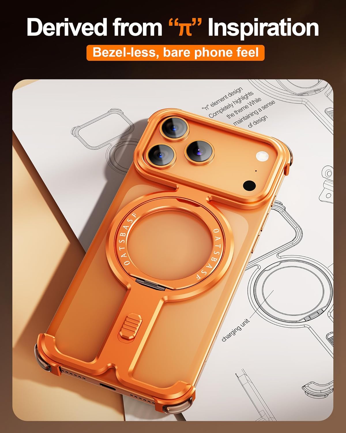 Frameless Phone Case for iPhone 17 Pro Max with Kickstand,360° Rotatable Magnetic Ring Stand,Aluminum Metal Slim Bumper Grade Shockproof Protector Cover for iPhone 17 Pro Max(Cosmic Orange) - Image 3