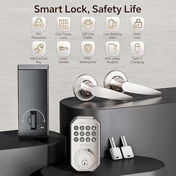Keyless Entry Door Lock Deadbolt with Handle Set, Door Lock for Front Doors, Keypad Cord with Handle, Smart Door Knob, Auto Lock, Cord Door Lock, Installation Guide Satin Nickel