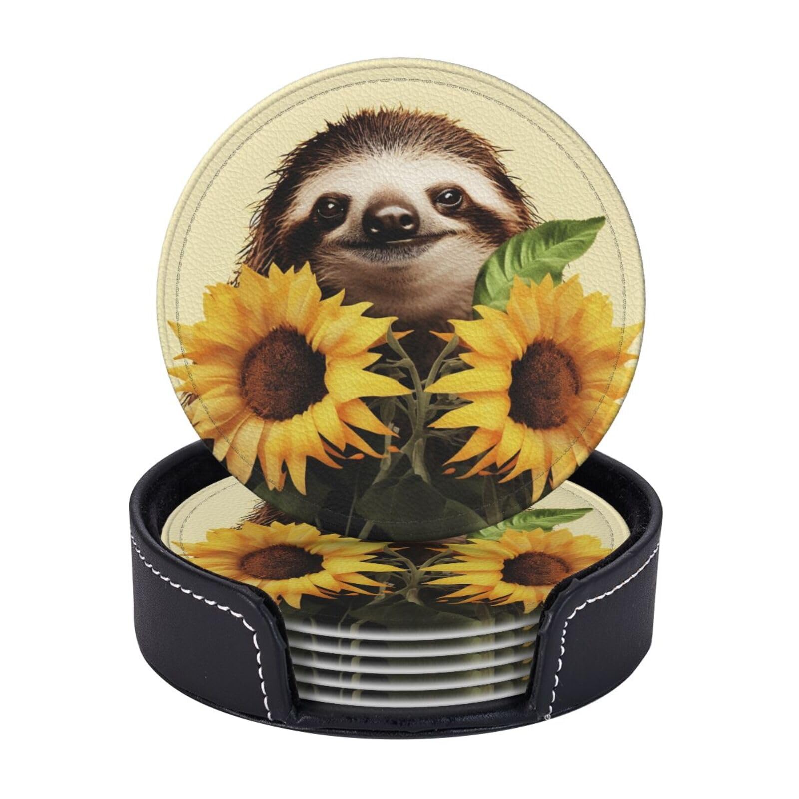 Round Coasters for Drinks Set of 6 - PU Leather Coasters with Holder - Modern Drink Coasters for Coffee Table - Sloth Sunflower Coaster for Tabletop Protection 4" Cup Mat Pad