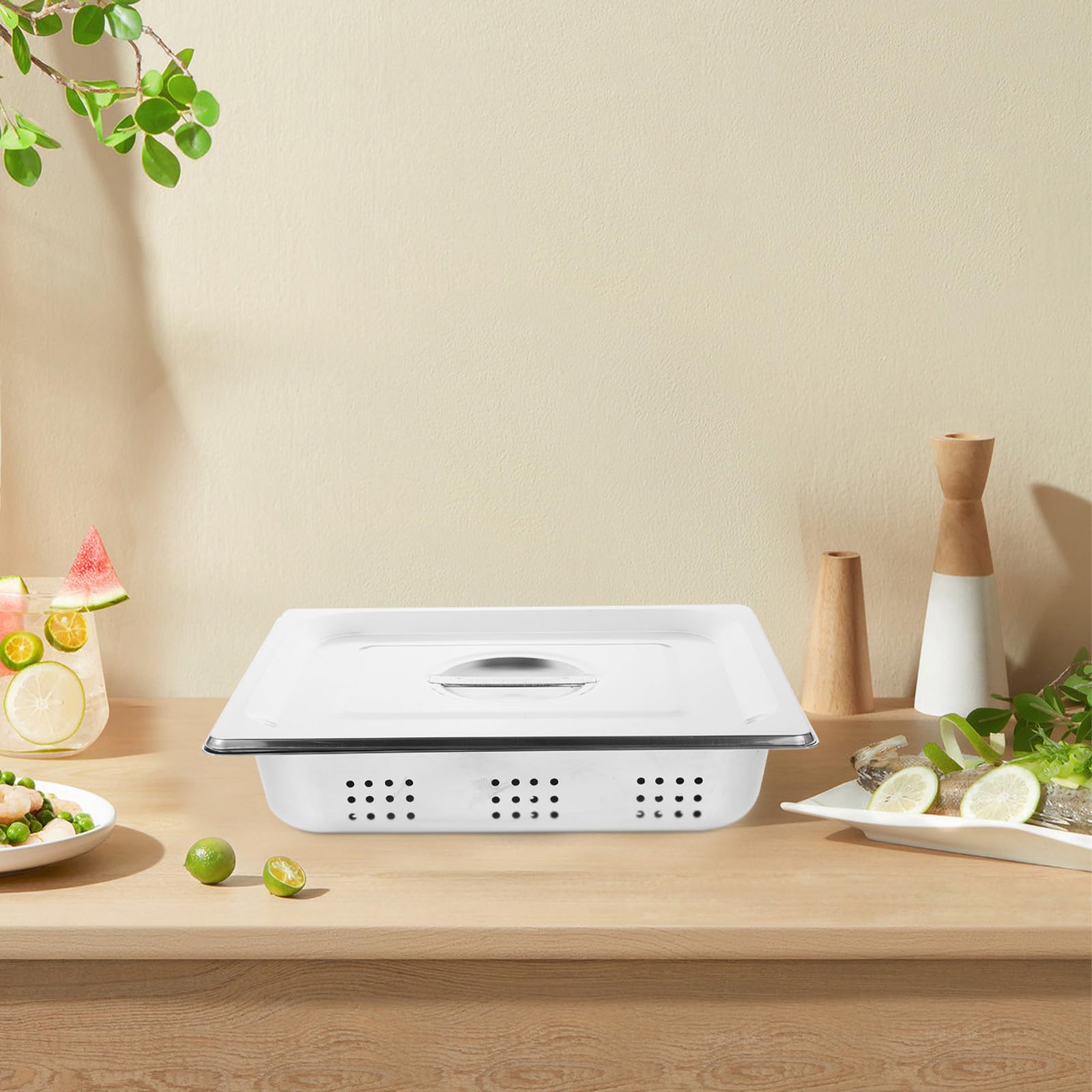 OSALADI Bandeja Rectangular y Tapa de Buffet de Acero Inoxidable Diseño Multifuncional Soporte de Drenaje Esquinas Redondeadas y Estilo Moderno para Comida en Fiestas y Autoservicio