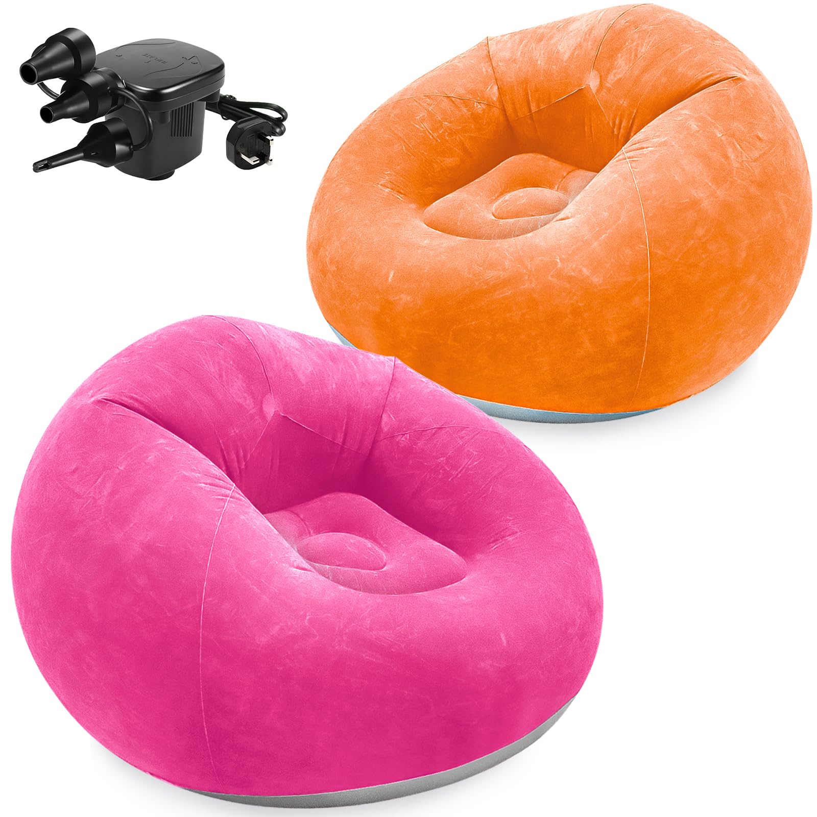 JTKDG 2 Pcs Bean Bag Chairs for Adults Inflatable Chairs with Electric Air Pump, Blow up Couch Folding Portable Inflatable Couch Lazy Sofa for Reading Living Room Camping (Orange, Rose Red)