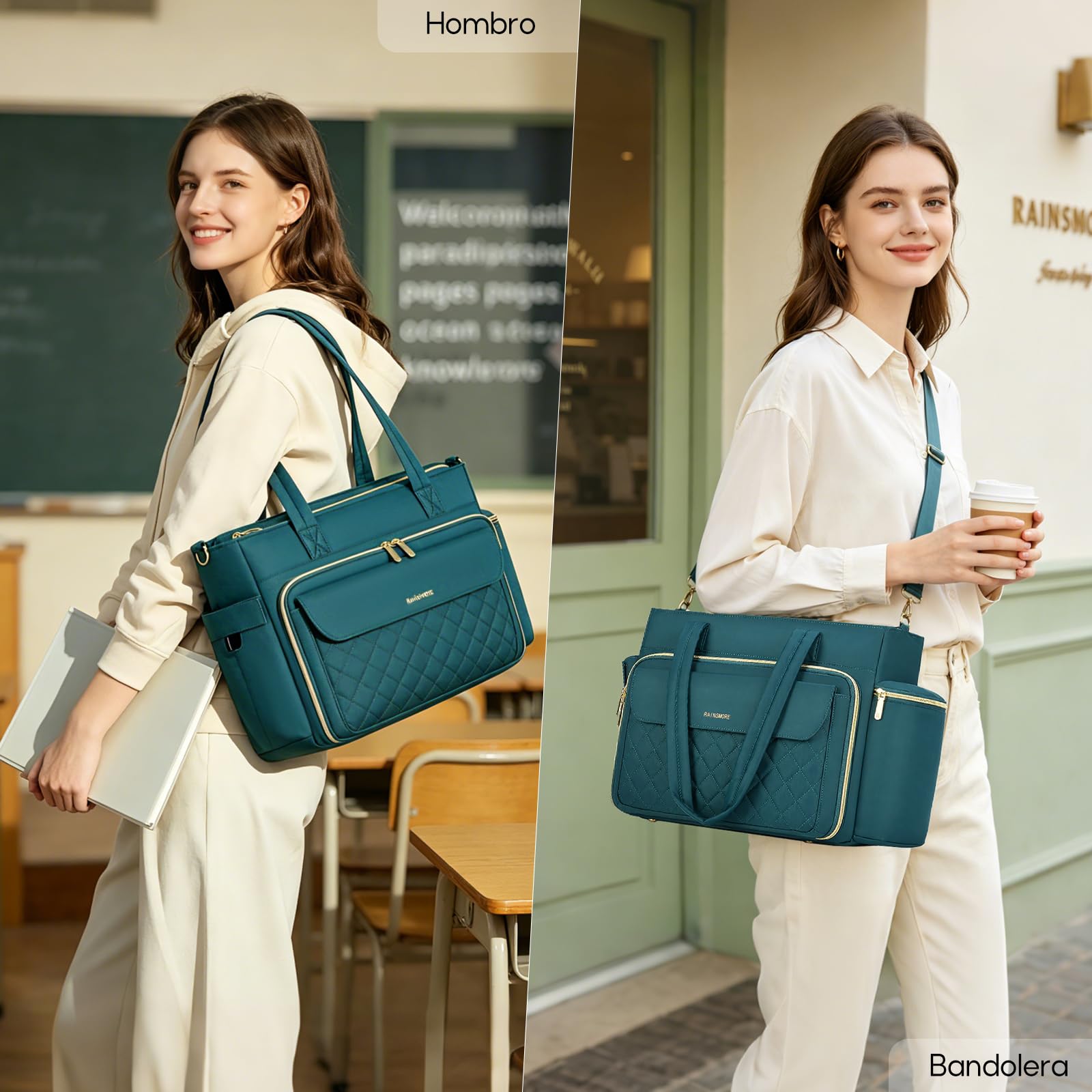 RAINSMORE Maletin Portatil Bolso Profesora Mujer 15.6 Pulgadas | Bolso Ordenador con Bolsillo Aislante y Portavasos, Multibolsillos, para Enfermera Trabajo Universidad