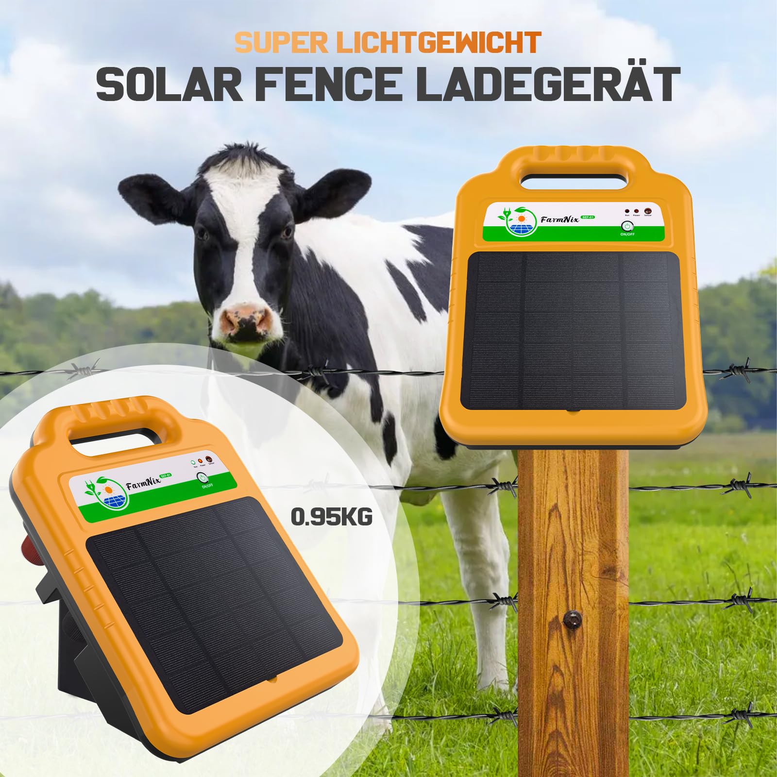 Solar Weidezaungerät für 16 KM Reichweite, 0,2J/8KV Elektrischer Zaunladegerät, Wasserdicht Elektrozaungerät für Schutz von Nutztieren, Haustieren, Geflügel (Orange)