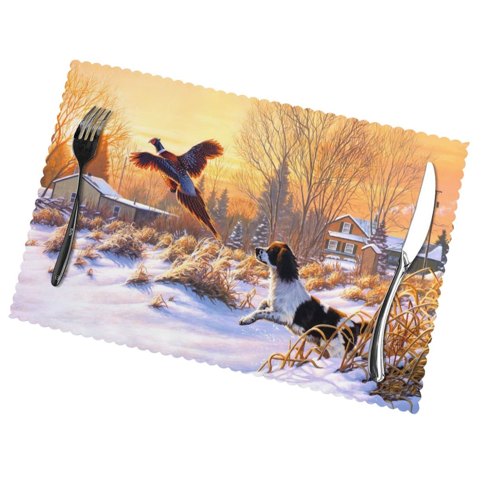 Dog Catching Pheasant Print Premium Oil And Heat Resistant Placemats For Dining Table Set (6-Pack) - 12x18in