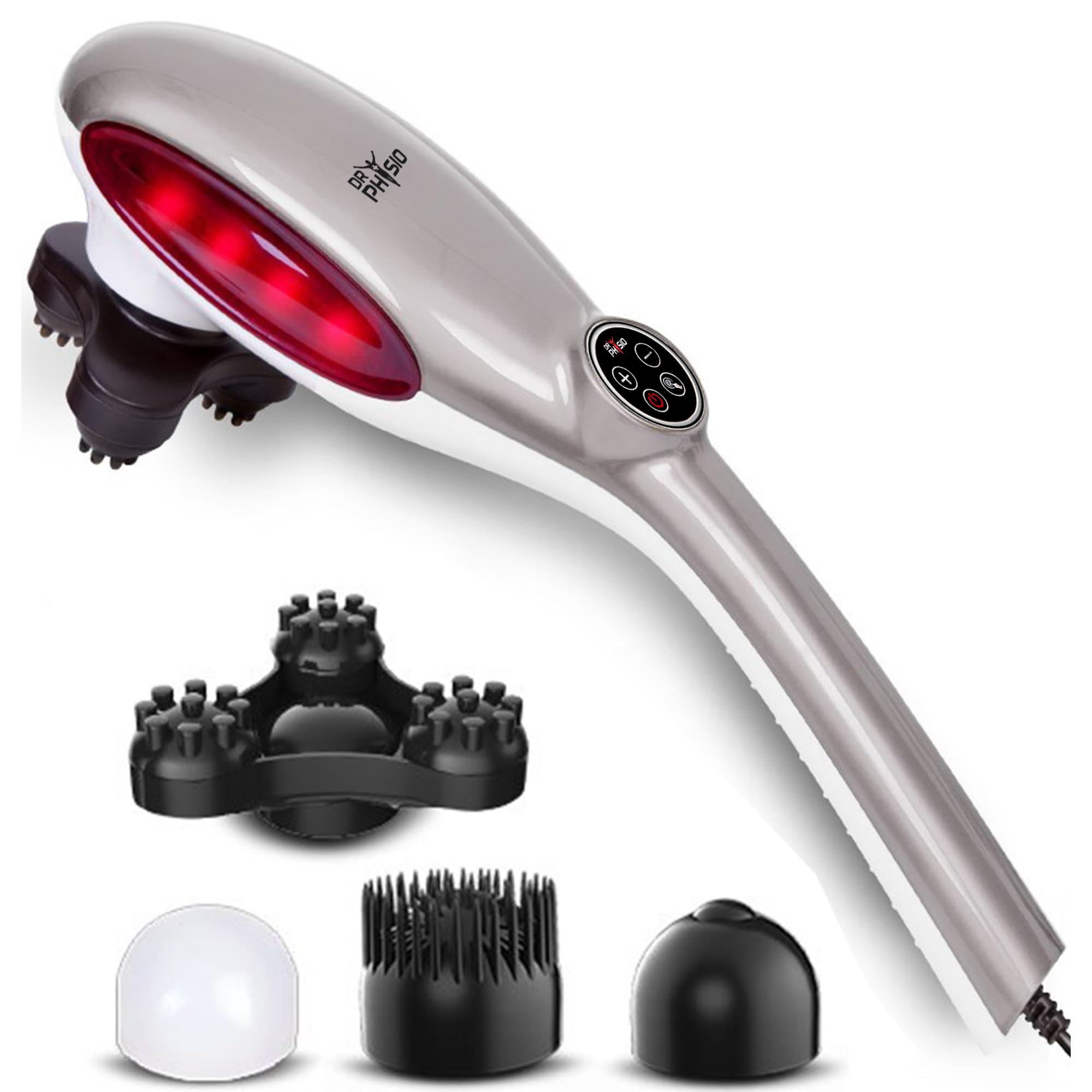 Dr Physio (USA) 1001 Electric Handheld Full Body Hammer Massager Machine for Pain Relief & Relaxation with 4 Massage Heads, 4 Speed Settings, Back, Leg & Foot (Silver)