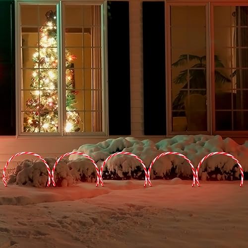 Miniatura 7 de XMASLAND 10 luces LED de 33 pulgadas con 160 luces LED de bastón de caramelo de Navidad con estacas y copo de nieve, luces de marcador de camino de