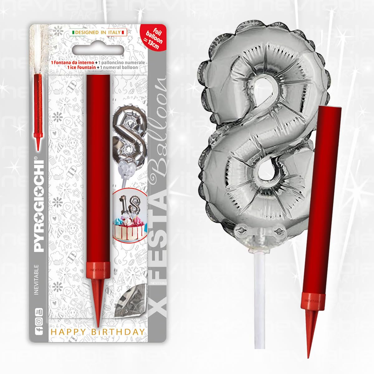 Birthday Cake Topper Decoration - 15cm Ice Founatin with 13cm Silver Number Balloon (8)