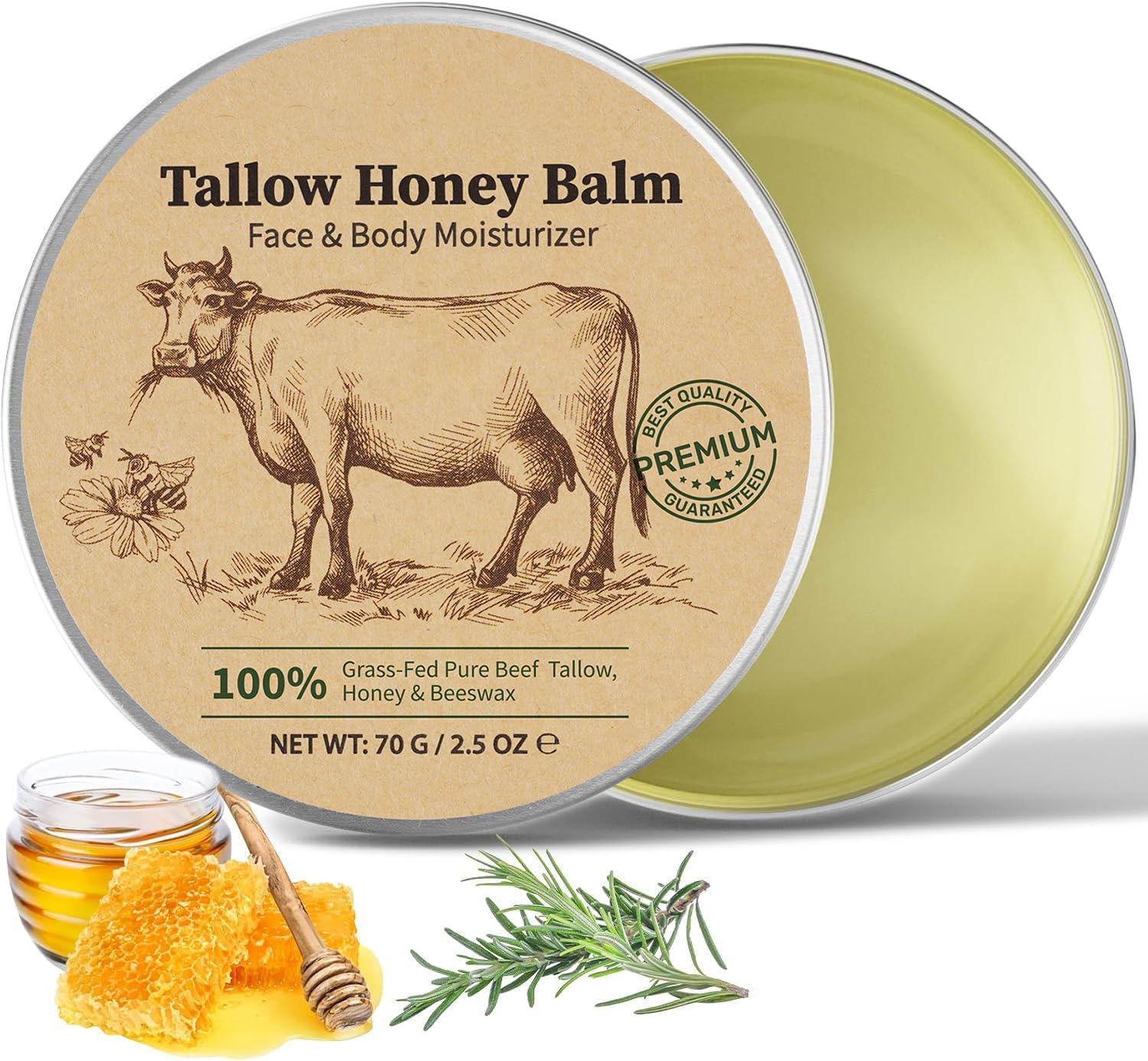 WLCTJIAYOU Beef Tallow for Skin (2.5oz), Tallow and Honey Balm, 100% Grass-Fed Tallow Moisturizer with Beeswax & Honey, Face & Body Cream for Dry Skin