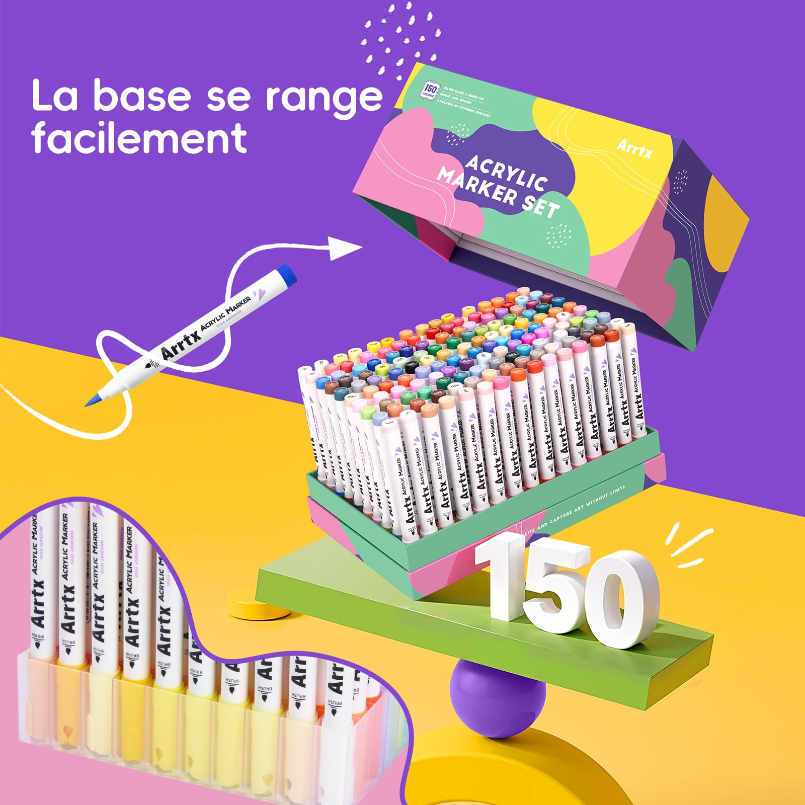 Arrtx Lot de 150 marqueurs de peinture, stylos de peinture acrylique pour artistes, adultes, coloriage, dessin, dessin animé, anime, manga - Pointe pinceau pour peinture sur roche, bois, toile