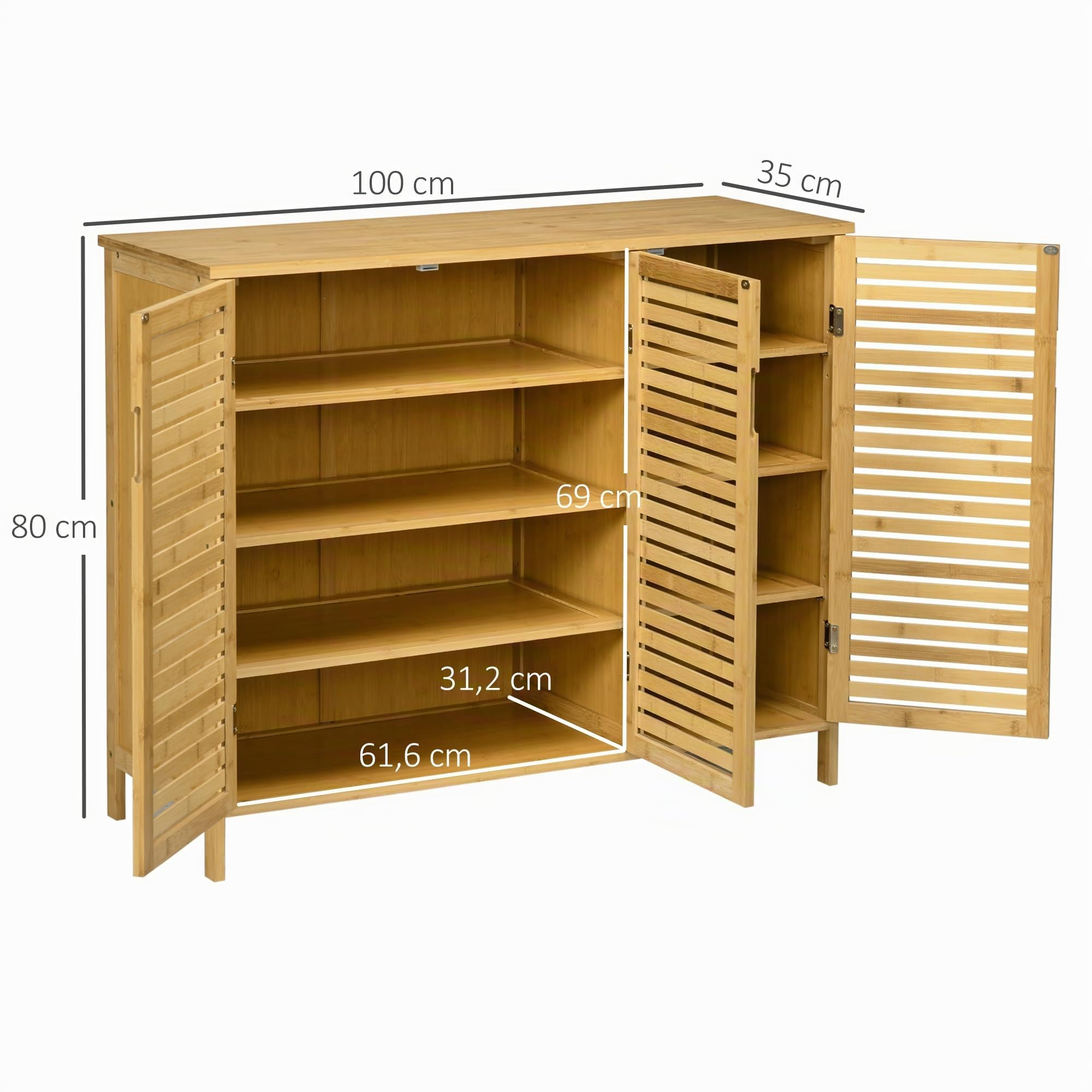 HOMCOM Mueble Zapatero de Recibidor de Bambú 100x35x80cm Natural | Armario Zapatero, 3 Puertas de Persianas, Estantes Ajustables, 16 Pares de Zapatos, Pasillo Entrada