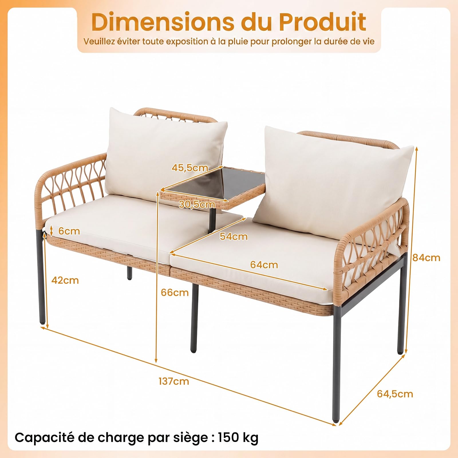 COSTWAY Banc de Jardin en Rotin PE avec Coussins & Table, Canapé de Jardin 2 Places, 5 Pieds en Métal, Patins Réglables, Banquette pour Balcon Terrasse, Charge 150 kg par Siège, 137 x 64,5 x 84 cm