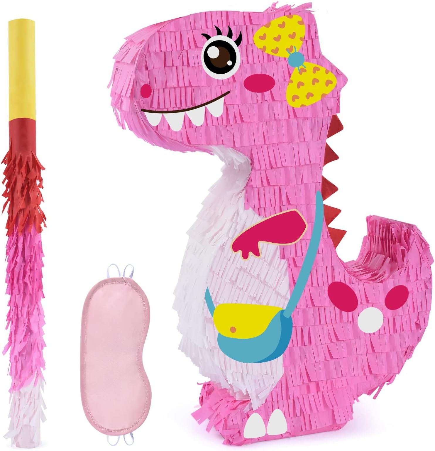 WERNNSAI Dinosaur Pinata - Dinosaur Birthday Party Supplies Pinata Bundle with a Blindfold and Bat for Girls Kids Dino Themed Party Supplies Perfect Party Game Activity Decoration (Pink Dinosaur)