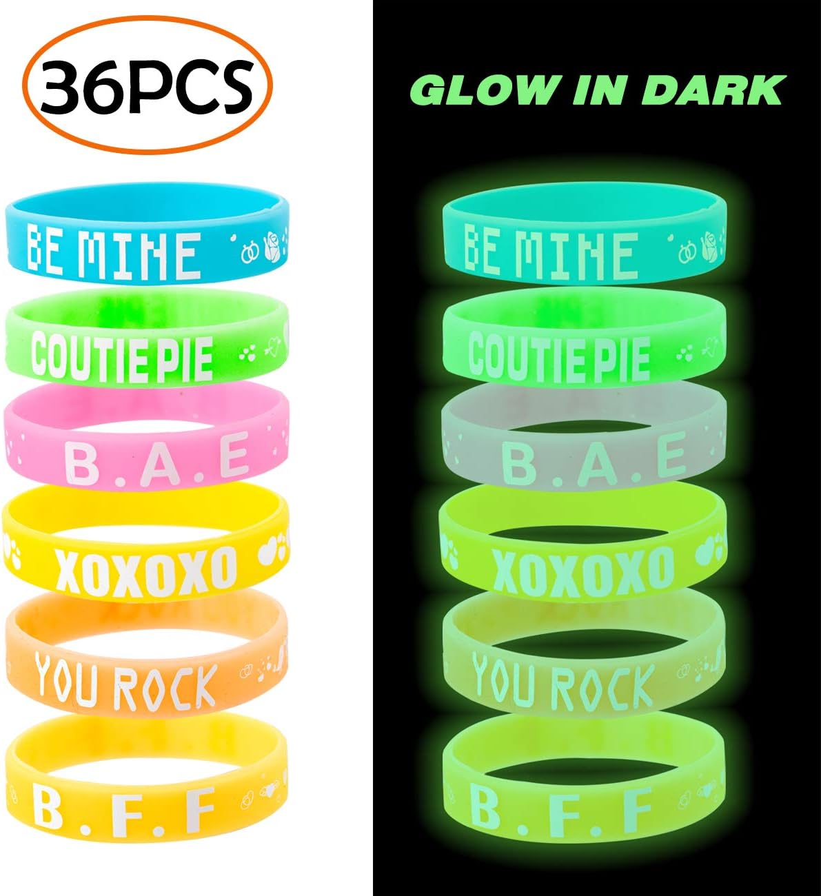 36PCS Valentine's Day Heart Silicone Rubber Bracelets Wristbands - 6 Different Glow in Dark Assorted Designs - Party Favors for Kids School Classroom Gifts Supplies