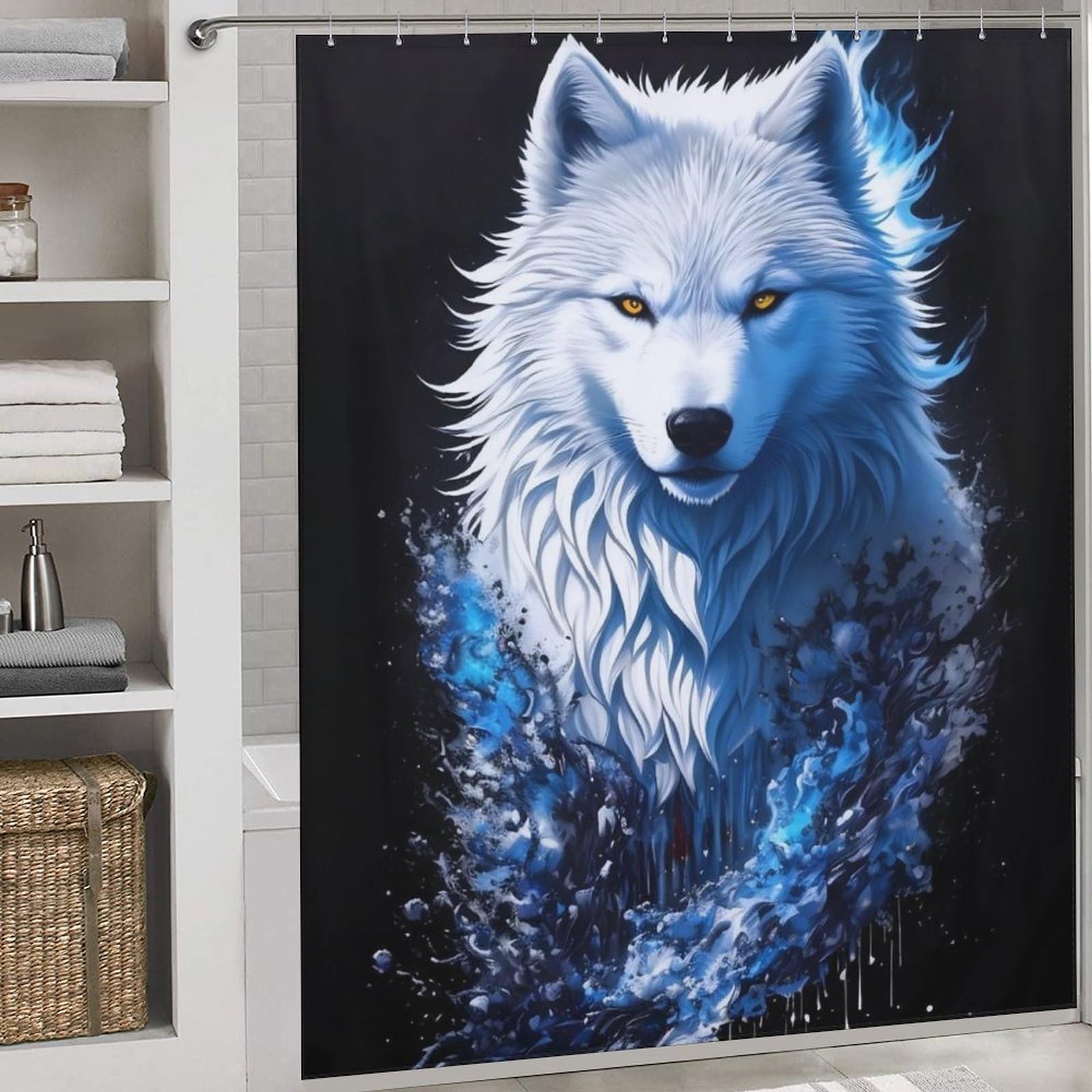 Rideau de douche loup blanc imperméable et lavable en machine avec 12 crochets