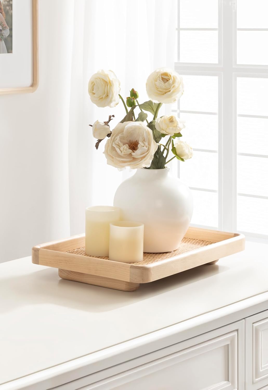 Kate and Laurel Planche Decorative Footed Woven Rattan Tray with Solid Wood Frame, 17 x 12, Natural, Modern Wood Rectangle Serving Tray for Living Room or Entryway Decor