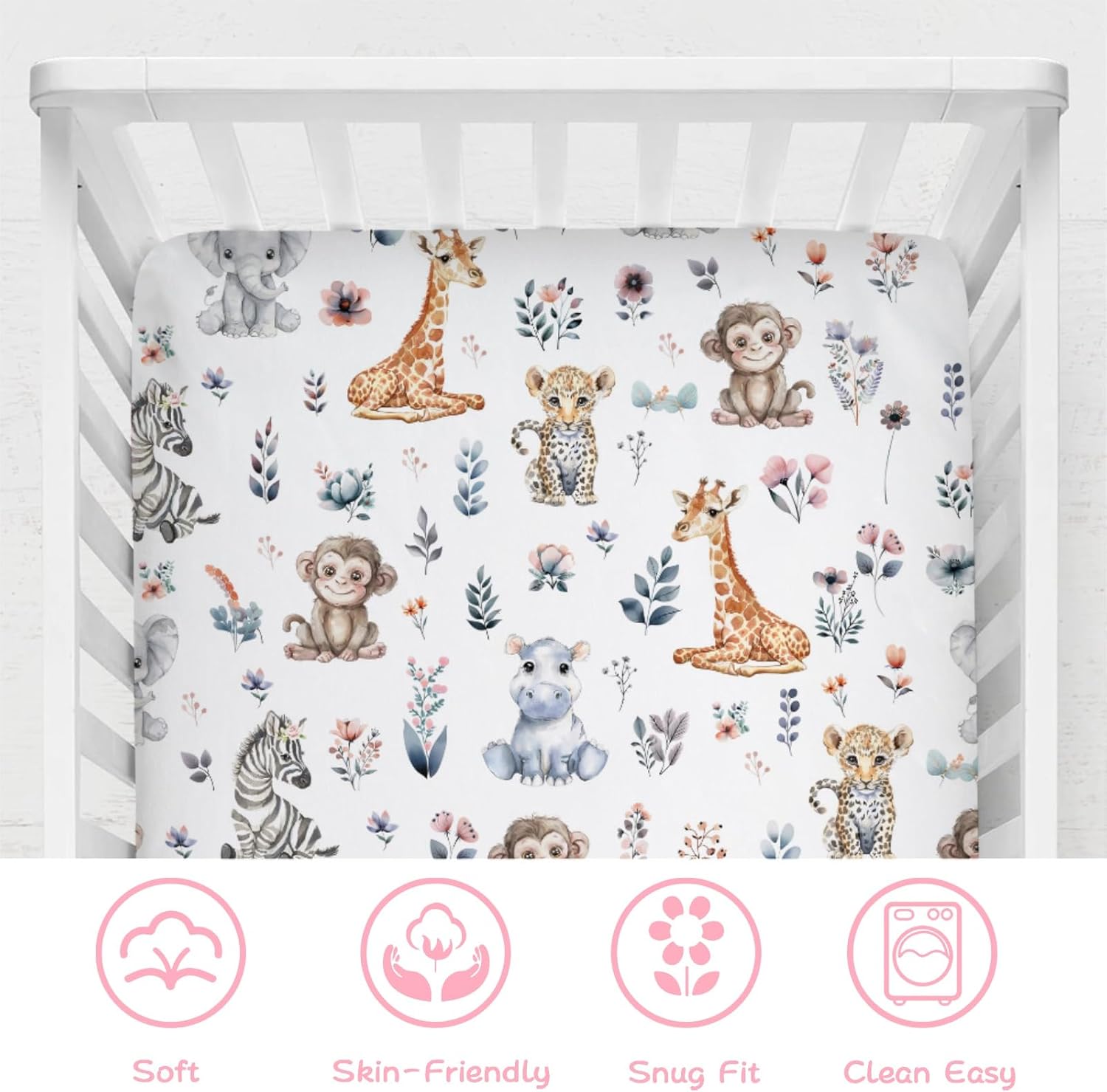 Jungle Safari Animals Boho Floral Baby Crib Sheets 52''x28'' Leopard Elephant Giraffe Zebra Hippo Monkey Stretchy Fitted Crib Mattress Cover for Boy Girl Bed Sheet for Standard Crib Toddler Mattress