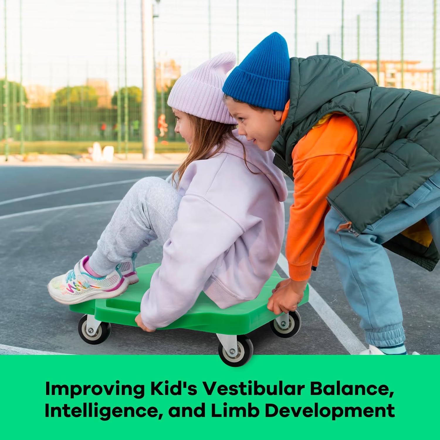 Kids Sitting Board with Universal Wheels - Safety Plastic Scooter for Kids Ages 6-12 - Manual Sport Scooter with Handles for Gym Class