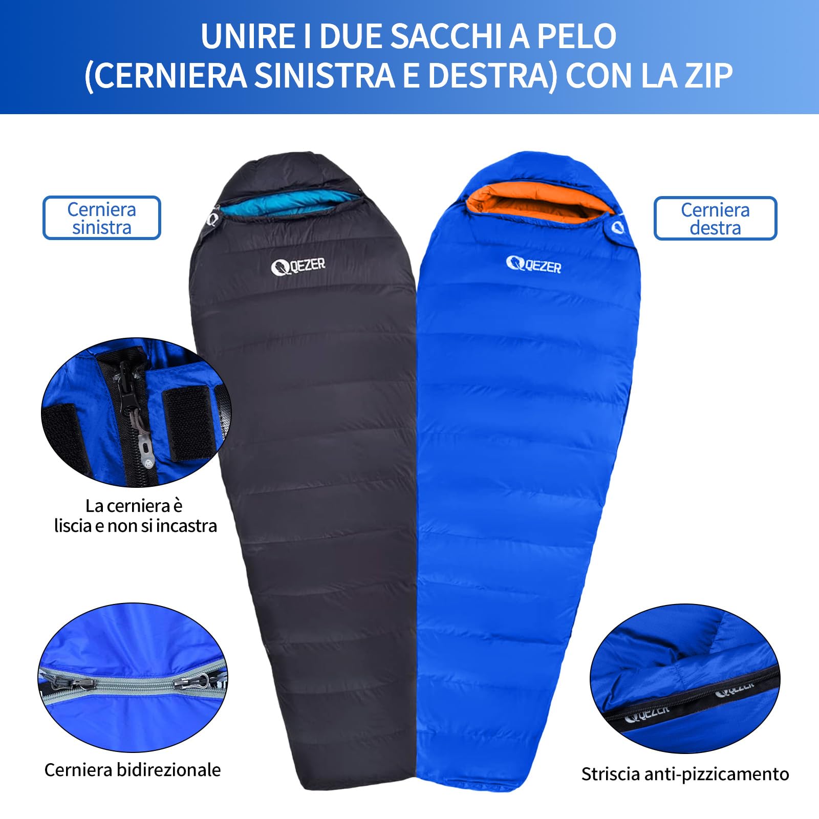 QEZER Sacco a pelo in piuma, sacco a pelo invernale 0℃ ~ -8 ℃~-24℃ 【1.46-2.32 kg】leggero, Compatto,caldo, piumino di alta qualità 600+ FP, per campeggio,escursionismo, alpinismo e viaggi