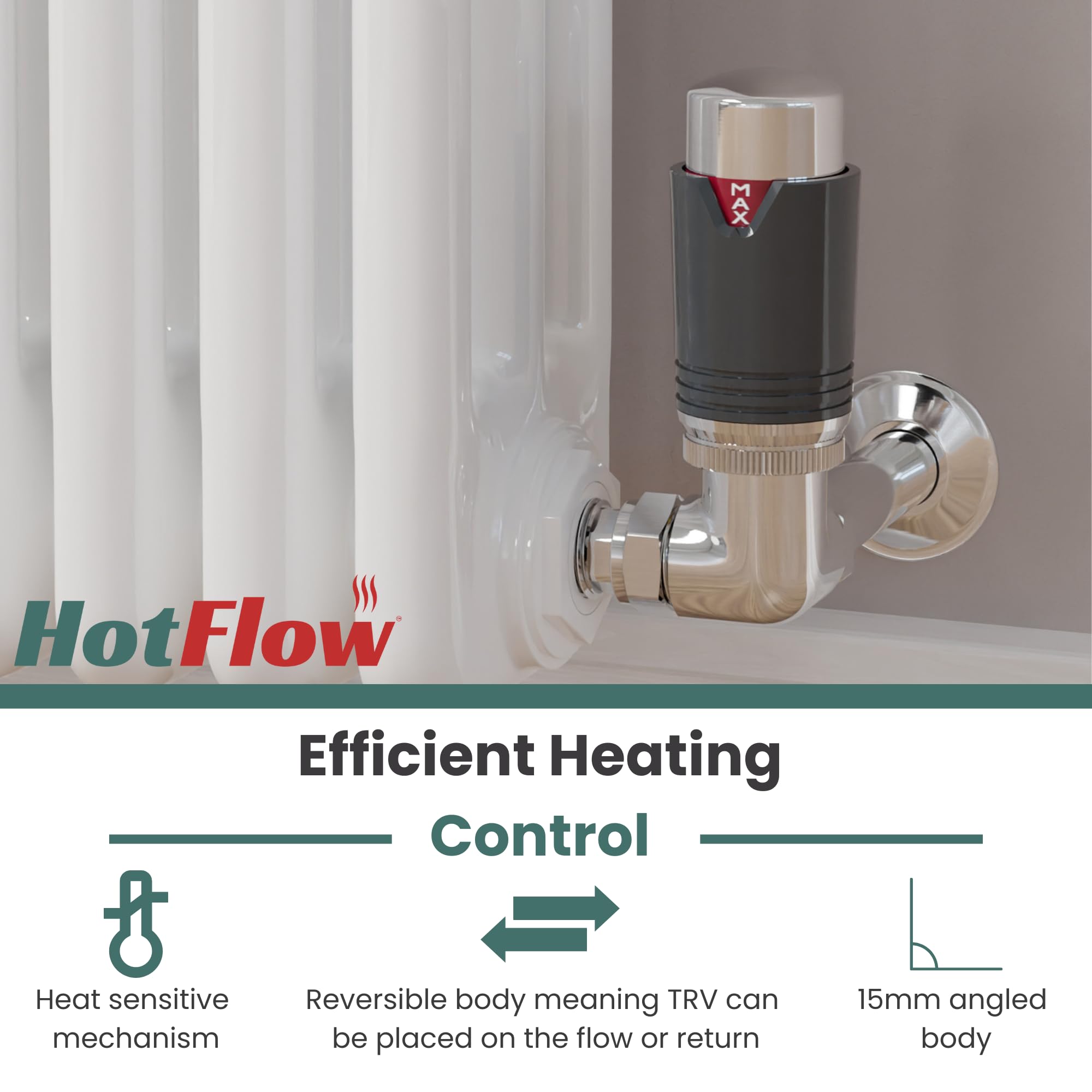 Hot Flow Chrome/Anthracite Estuary Corner TRV Thermostatic Radiator Valve (Pair) Includes Corner TRV Body, Wheel Head - Image 3