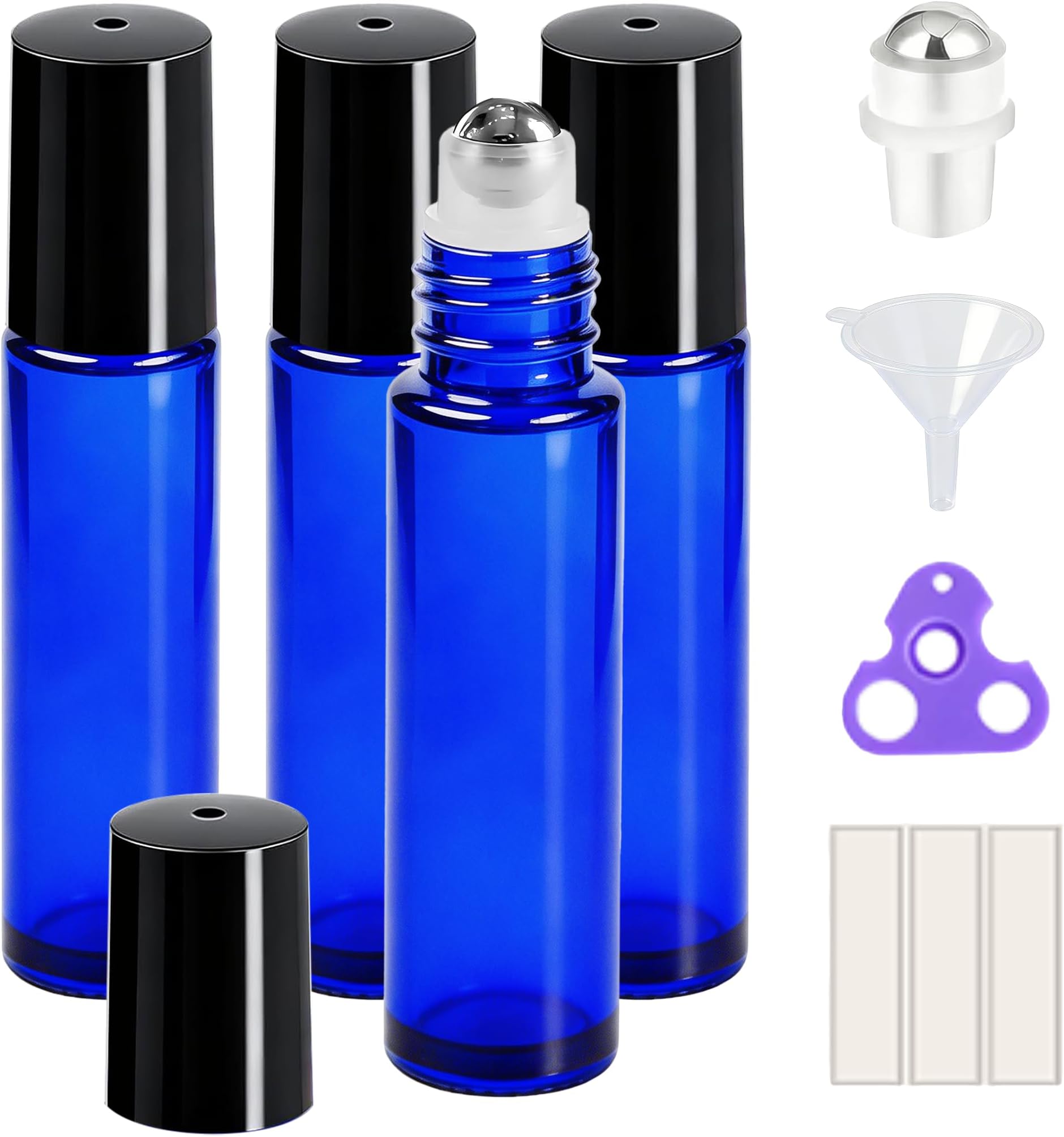 PrettyCare 10 ml 4 Pack Essential Oil Roller Bottles with Stainless Steel Roller Ball - Refillable Leak-proof Empty Thick Blue Glass Roll on Bottles with Black Caps for Travel, Perfume