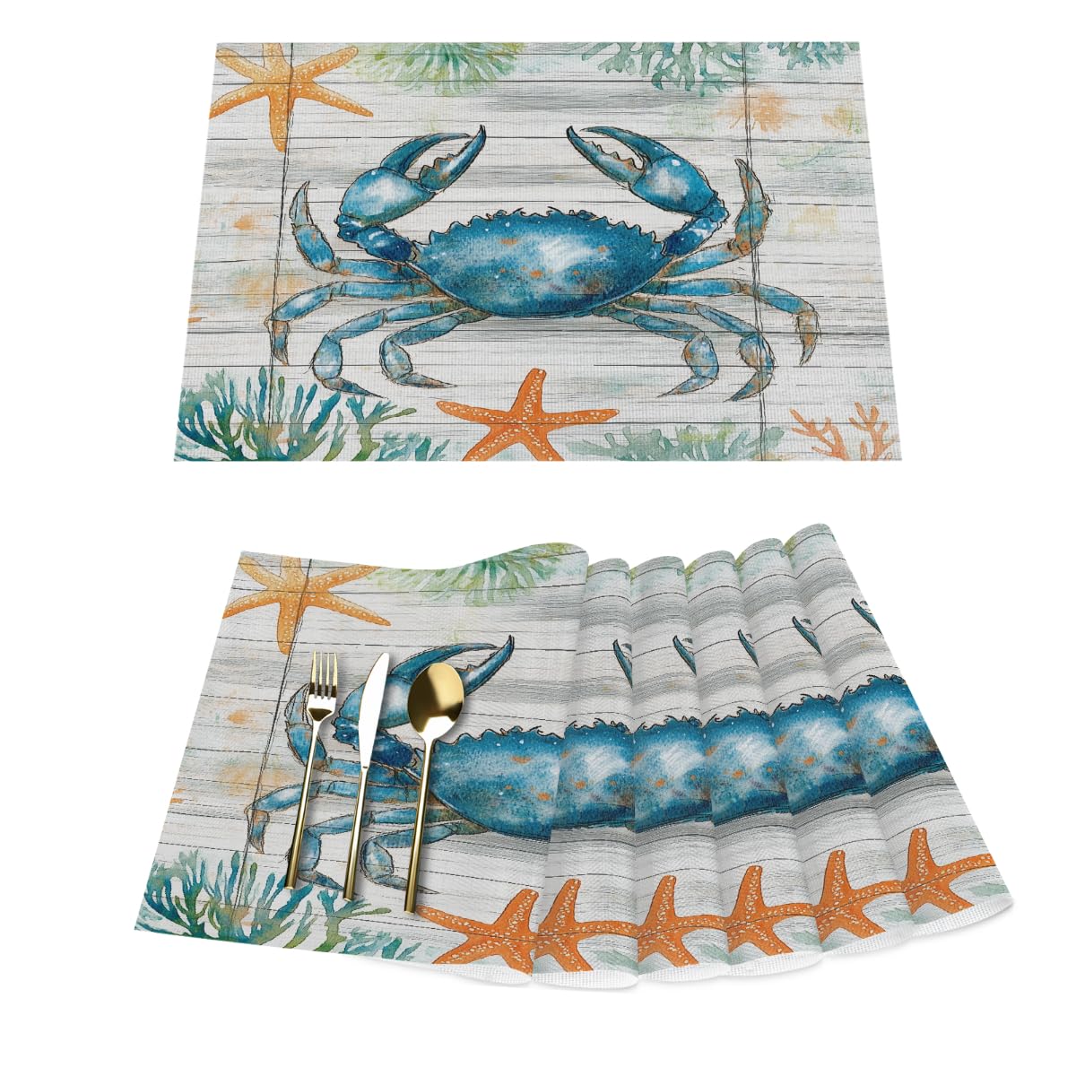 Ocean Blue Crab On Wooden Vinyl Placemats Set of 6 for Dining Tables,Kitchen Table Mats Heat Resistant Washable Wipeable PVC Place Mat