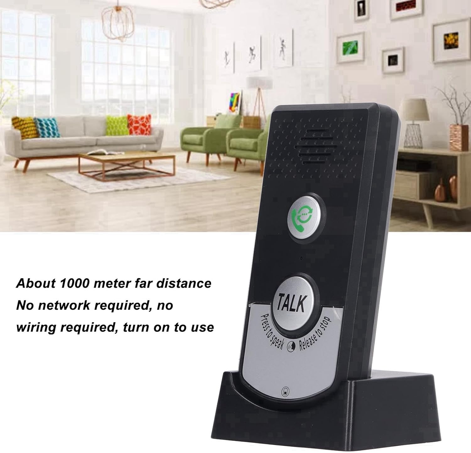 A single FAUOSWUK H8 intercom unit in its base, with text indicating 'About 1000 meter far distance, No network required, no wiring required, turn on to use'.